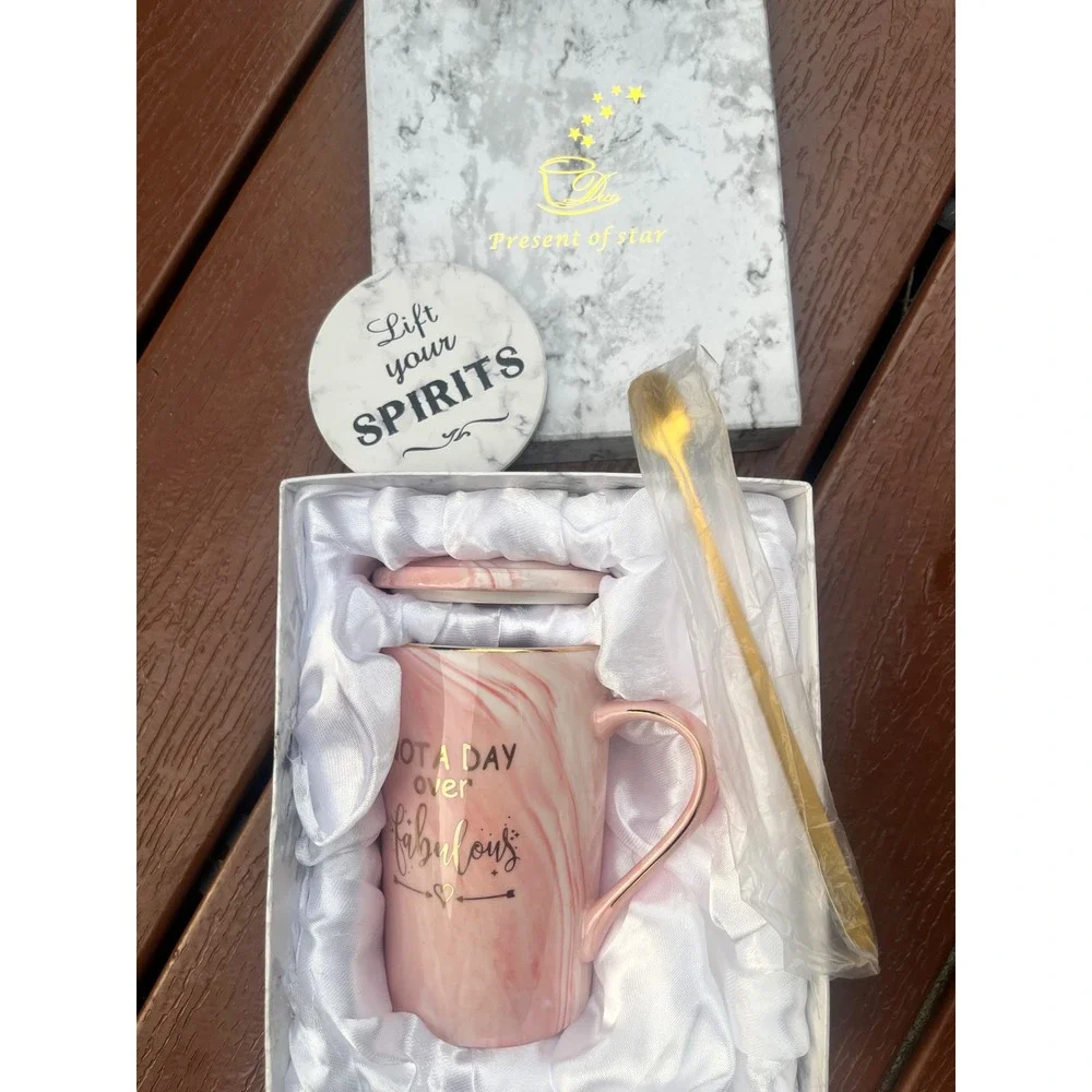 Pink Marble Ceramic Coffee Mug Set Not A Day Over Fabulous Gift Box Lid Spoon